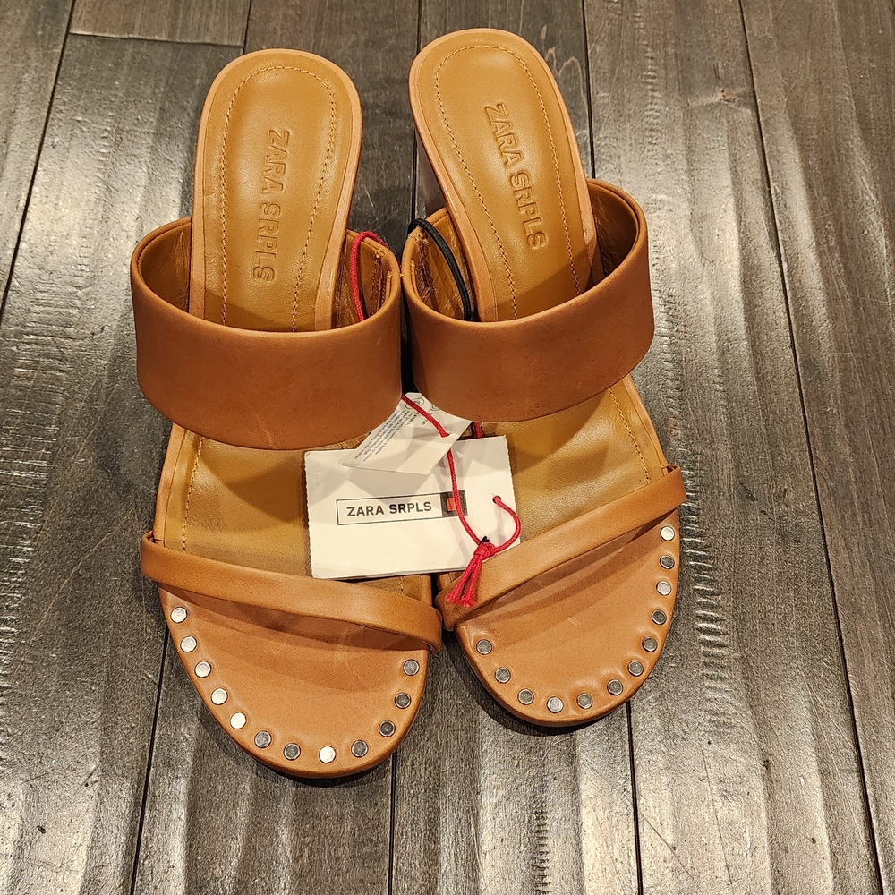 Zara SRPLS Women's Tan Studded Wedge Slides